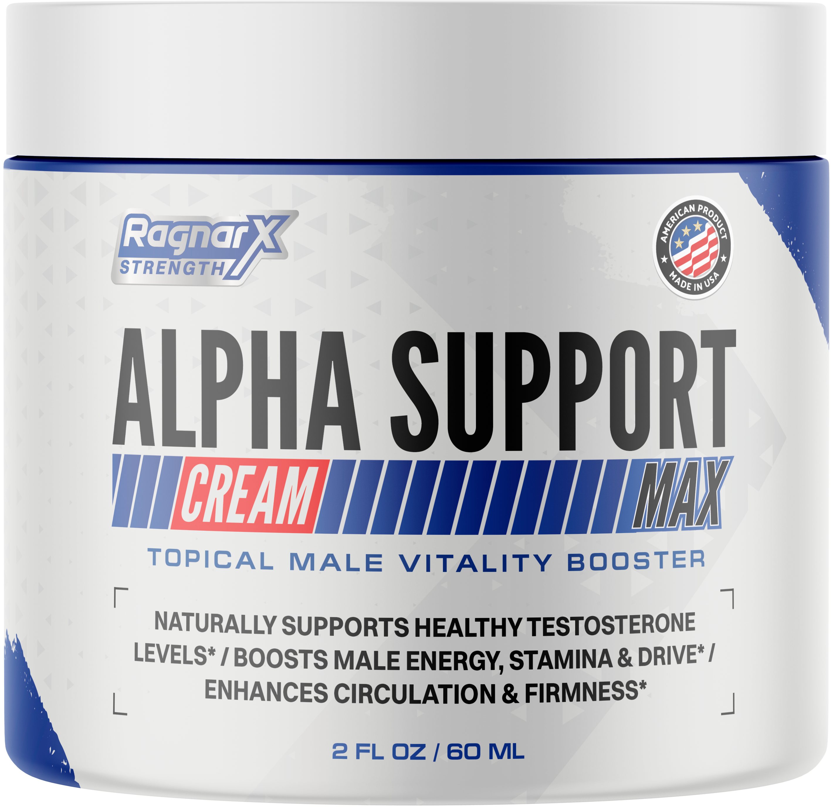 RagnarX Alpha Support Cream in a 60ml container with a blue and white label, designed for male vitality support.